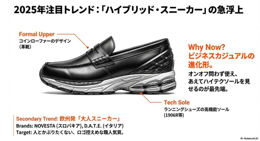 革靴（コインローファー）のアッパーデザインと、ランニングシューズの高機能ソールを組み合わせたハイブリッドスニーカーの構造解説図。