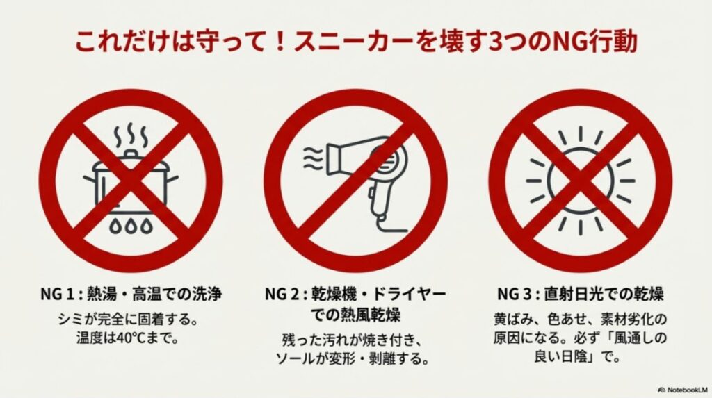 熱湯洗浄、ドライヤー乾燥、直射日光での乾燥を禁止する3つのアイコンマーク。