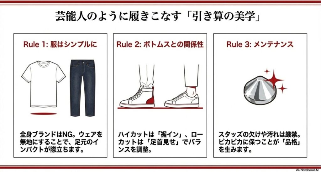 ルブタンを履きこなすためのコーディネート術。服はシンプルにする、ボトムスとのバランス、メンテナンスの重要性を解説した図解。