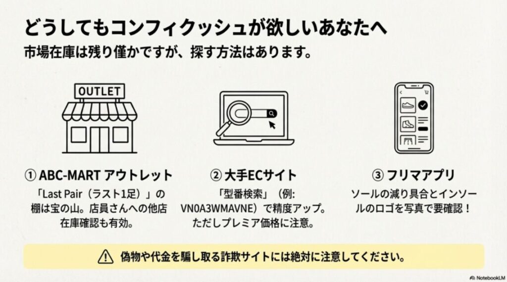 ABCマートのアウトレット、ECサイトの型番検索、フリマアプリの活用法を示したアイコン図