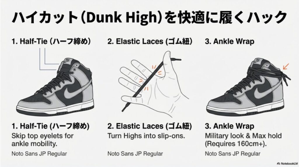 ハーフ締め（一番上を通さない）、ゴム紐の使用、足首巻き（アンクルラップ）など、ハイカットモデルの履きこなしテクニックを図解。