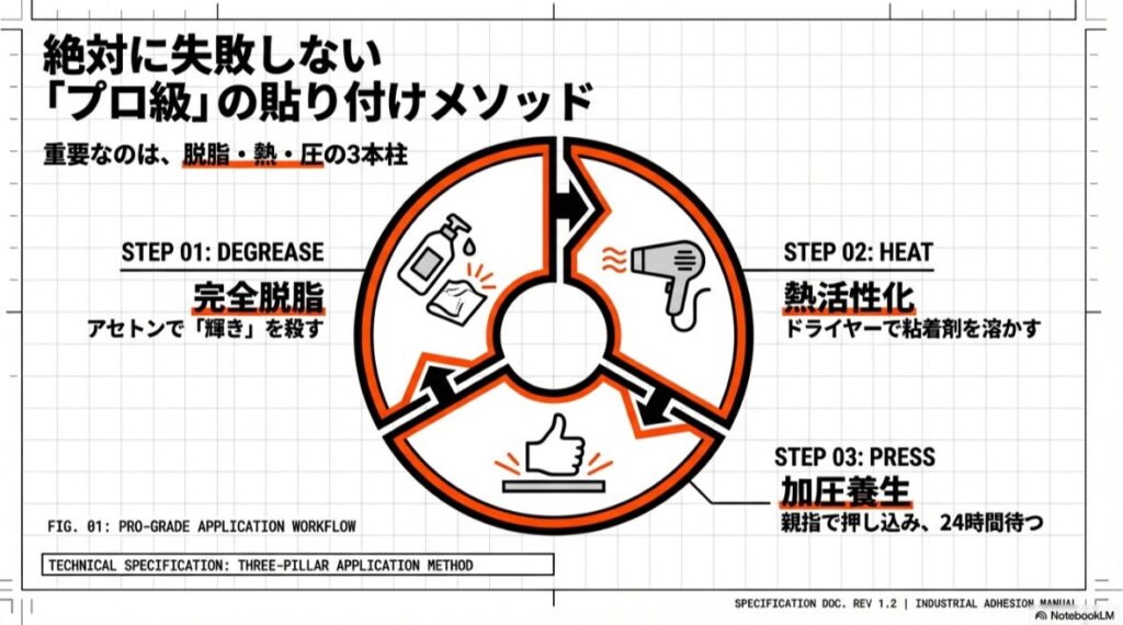 脱脂・熱・圧の3つの工程をサイクルで示したイラスト