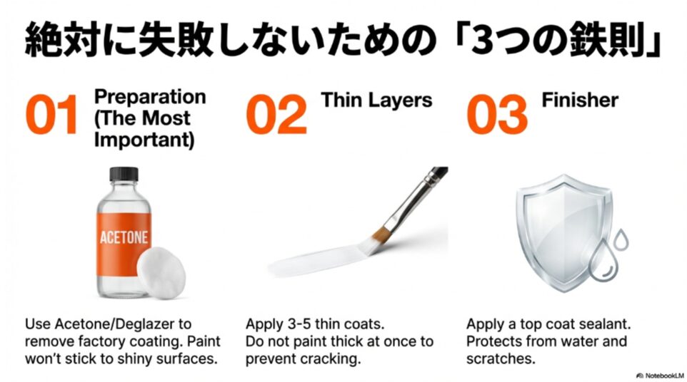 ペイントの耐久性を高めるための脱脂（アセトン）、薄塗り、仕上げ剤（フィニッシャー）の3工程解説図