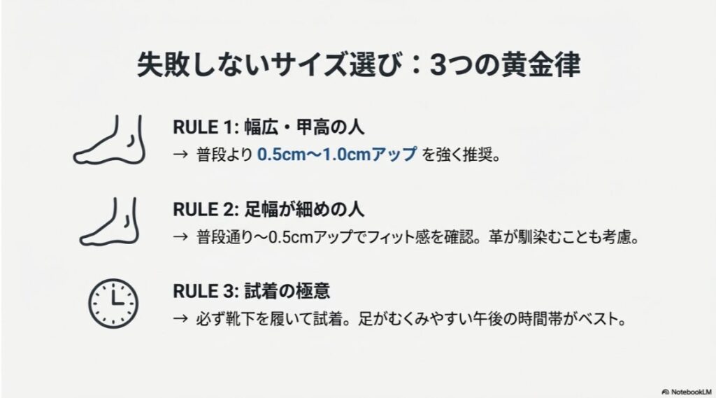 足幅や甲の高さに応じた具体的なサイズアップの目安(0.5cm〜1.0cmアップ推奨)と試着のコツ。