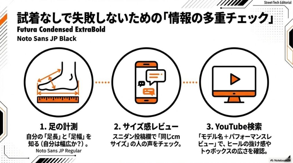 1.足の計測、2.同サイズのレビュー確認、3.YouTubeでのパフォーマンスレビュー検索を推奨するアイコン。