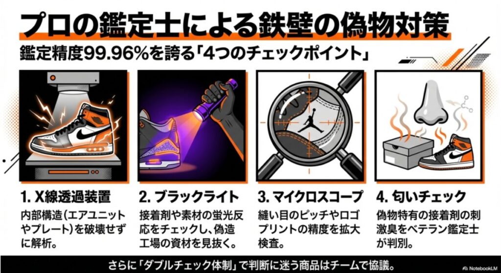 代替テキスト: X線透過装置による内部解析、ブラックライト、マイクロスコープ、匂いチェックを行う鑑定工程のイラスト。