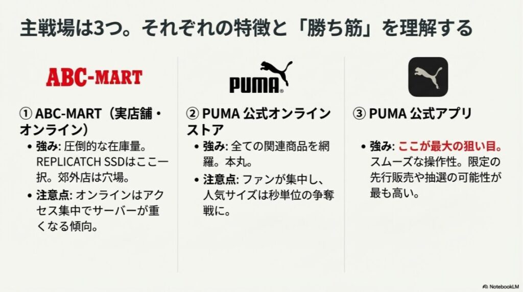 ABCマート、プーマ公式オンライン、公式アプリそれぞれのメリットと注意点まとめ