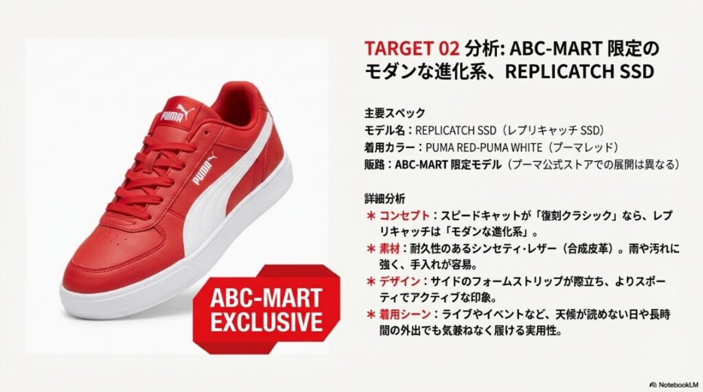 ABCマート限定プーマ REPLICATCH SSD 赤モデルの特徴とシンセティックレザー素材のメリット