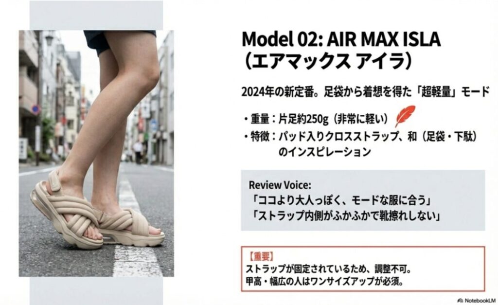 ベージュのエアマックス アイラを履いた足元の写真。片足約250gの軽量設計、パッド入りストラップ、和のインスピレーションといった特徴が記載されている。