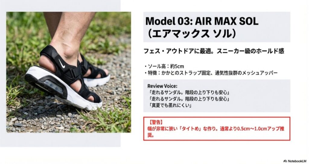 野外でエアマックス ソルを履いている写真。ソール高約5cm、かかとストラップ、メッシュアッパーなど、フェスやアウトドアに適した機能を紹介している。