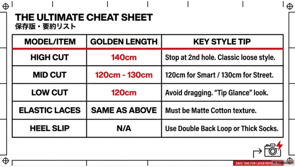 ハイ・ミッド・ロー各モデルの最適な紐の長さとスタイルチップをまとめた一覧表