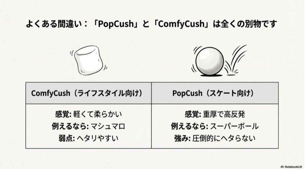 コンフィクッシュ(マシュマロ)とポップクッシュ(スーパーボール)の反発性と耐久性の違いを比較したイラスト