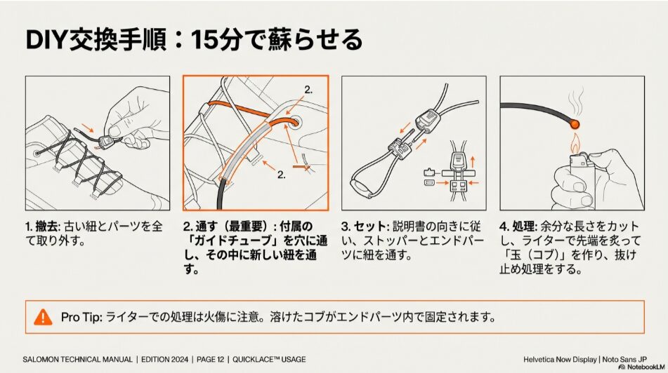 ガイドチューブを使って紐を通し、ライターで先端を処理して固定するまでの交換手順イラスト