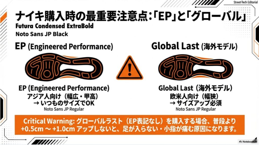 幅広・甲高のアジア人向け「EP」と、幅狭の欧米人向け「Global Last」の比較。グローバルラストはサイズアップが必要という警告。