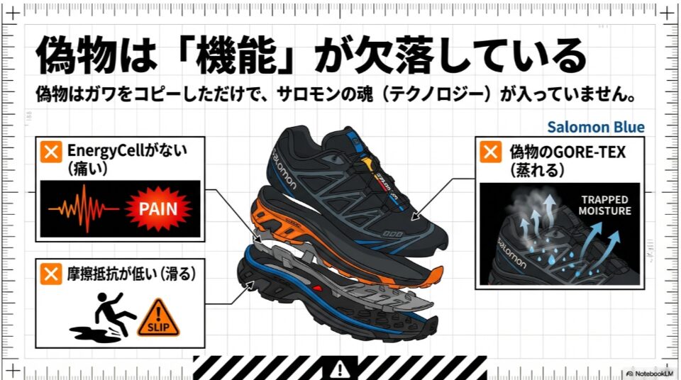 偽物のスニーカー内部の欠陥イラスト。クッション材（EnergyCell）がなく足が痛くなる、偽のGORE-TEXで湿気がこもる、ソールが滑りやすいなどの機能的な問題点。