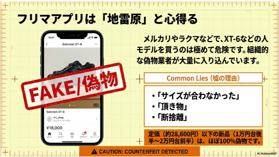 メルカリなどで偽物を売る際のよくある出品理由（サイズが合わない、頂き物など）と、定価以下の安すぎる価格設定への注意喚起。