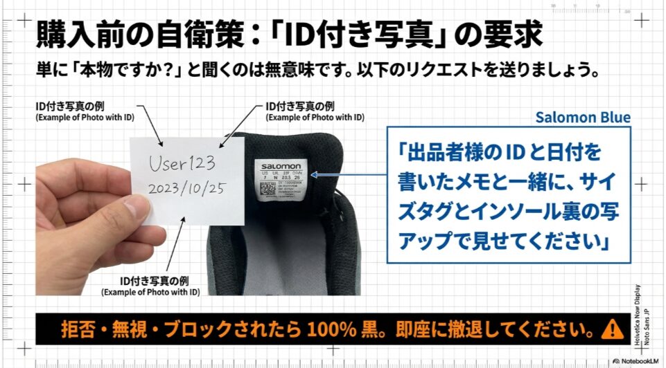 偽物購入を防ぐために出品者に依頼する「IDと日付を書いたメモと一緒に撮影したサイズタグとインソール裏の写真」の具体例。