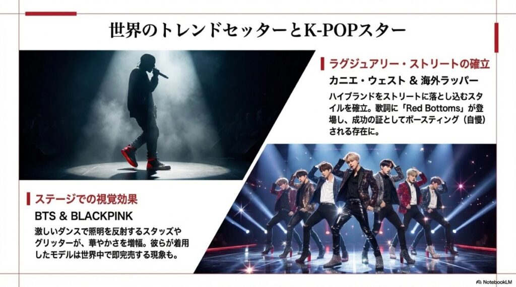 カニエ・ウェストやBTSなど、海外アーティストやK-POPスターがステージでルブタンのスニーカーを着用しているイメージと視覚効果の解説。