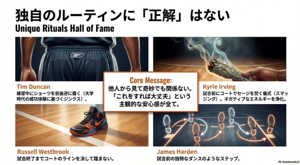 ティム・ダンカン、カイリー・アービング、ラッセル・ウェストブルックなどの独自の試合前儀式をまとめたリスト。