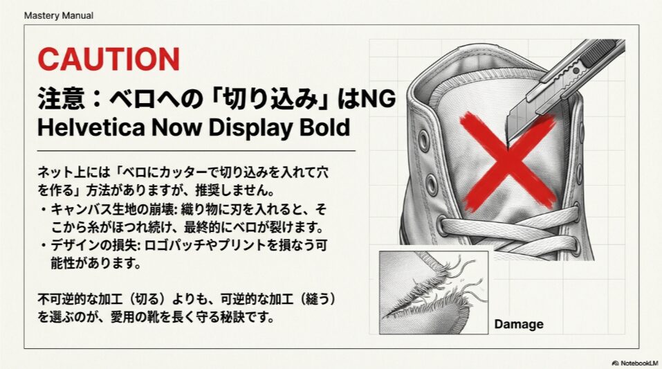 ベロにカッターで切り込みを入れる行為に大きなバツ印がついたイラスト。キャンバス生地の崩壊や不可逆的なダメージへの警告。