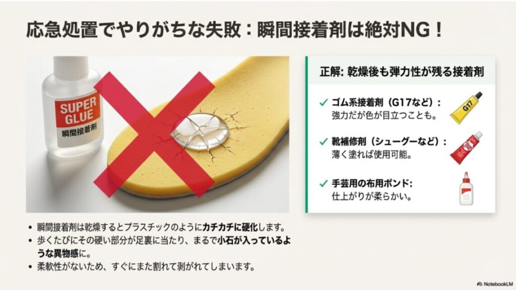 インソールの補修に瞬間接着剤を使うと硬化して割れてしまうため、使用禁止であることを示す画像