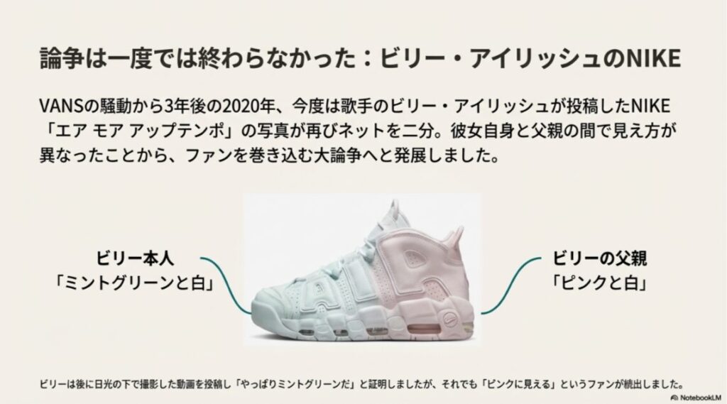 ビリー・アイリッシュが投稿したNIKEのモアテン（Air More Uptempo）の写真。ピンクと白、あるいはミントグリーンと白に見え方が分かれる事例。