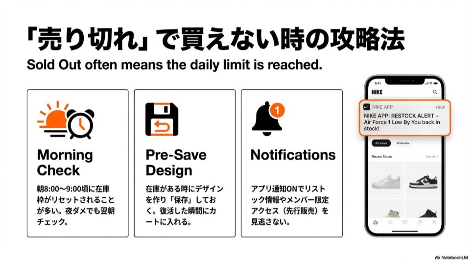 Nike By Youの人気モデルが売り切れの場合に、朝の在庫チェックやリストック通知を活用して購入する方法