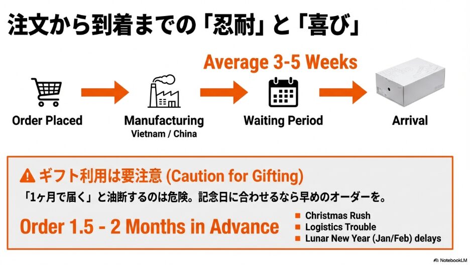 オーダーメイドスニーカーが製造され、ベトナムや中国から日本へ配送されるまでの3〜5週間の工程図