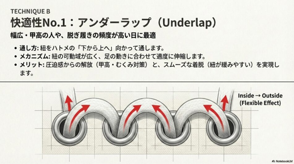 紐をハトメの下から上へ通す「アンダーラップ」の図解。InsideからOutsideへ力が働き、可動域が広く圧迫感を解放する効果を示すイラスト。