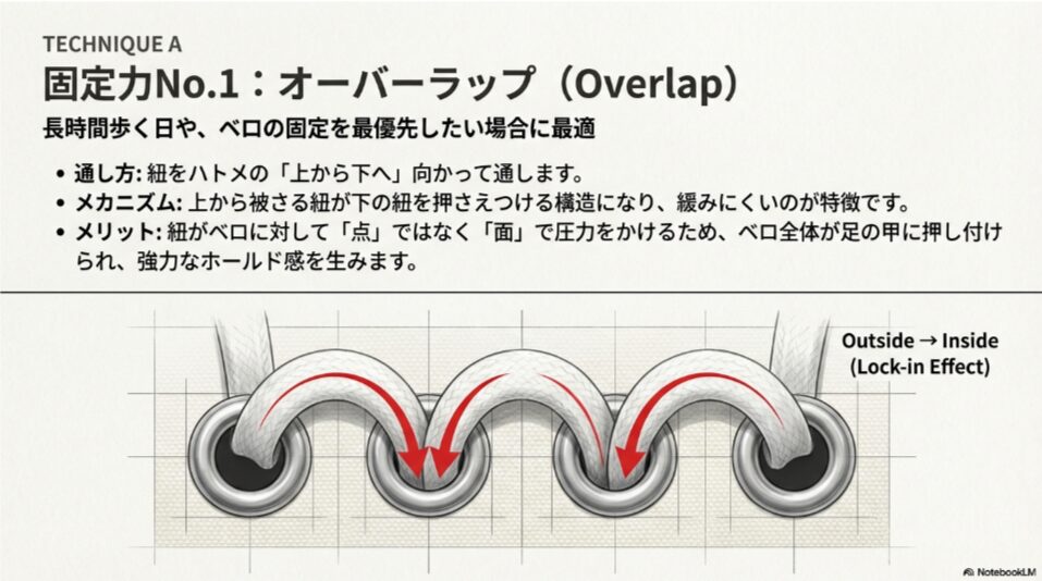 紐をハトメの上から下へ通す「オーバーラップ」の図解。OutsideからInsideへ力が働き、ロック効果が高いことを示す矢印付きのイラスト。