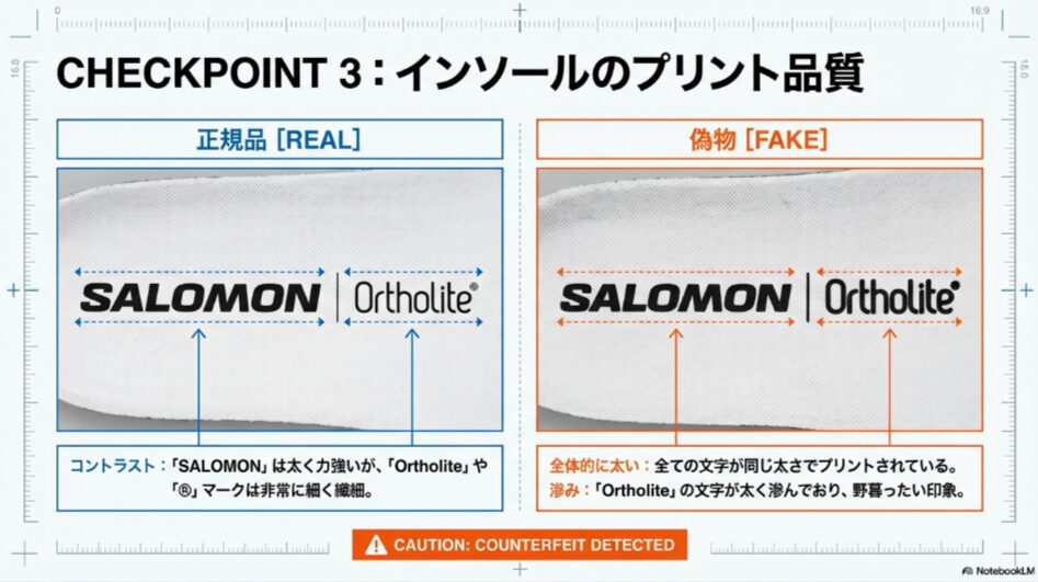 インソールの「SALOMON」と「Ortholite」のロゴプリント比較。正規品はOrtholiteの文字が繊細だが、偽物は全体的に太く滲んでいる様子。