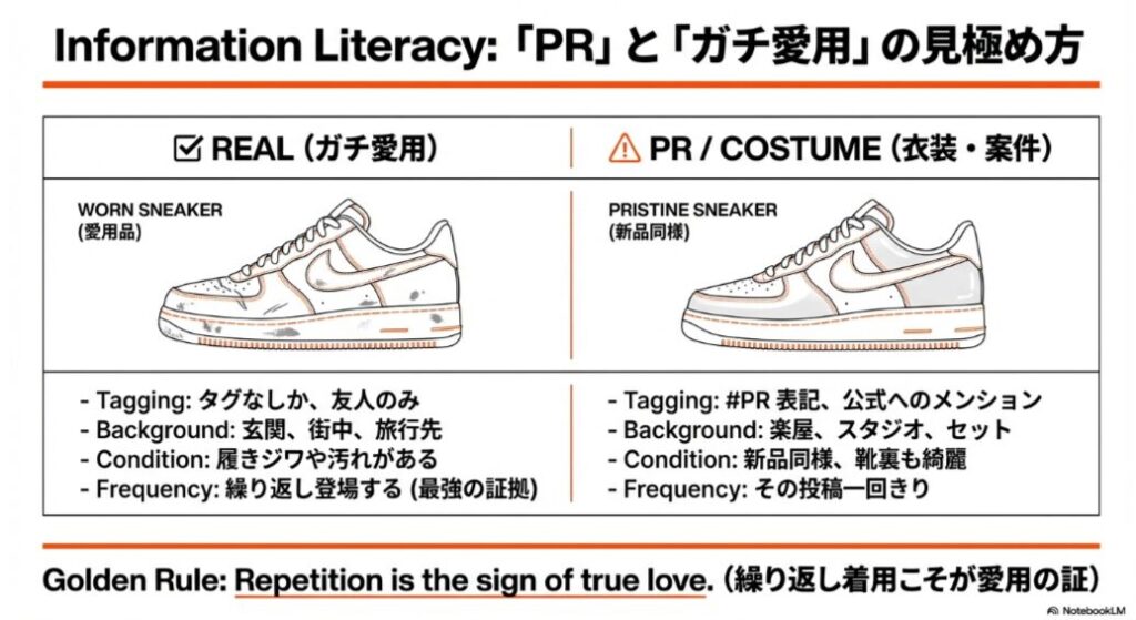 インスタグラムの投稿から「PR案件」と「ガチ愛用」を見極めるためのチェックリスト。タグ付け、背景、汚れ具合などの判断基準をまとめた図。