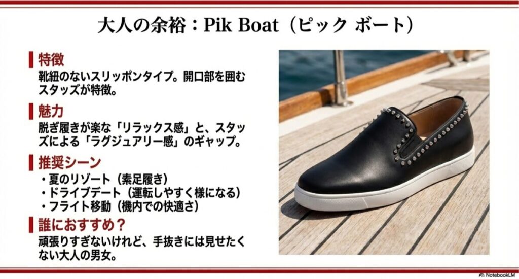 靴紐のないスリッポンタイプでスタッズ装飾が特徴の「Pik Boat」。リゾートやドライブなどの推奨シーン解説。
