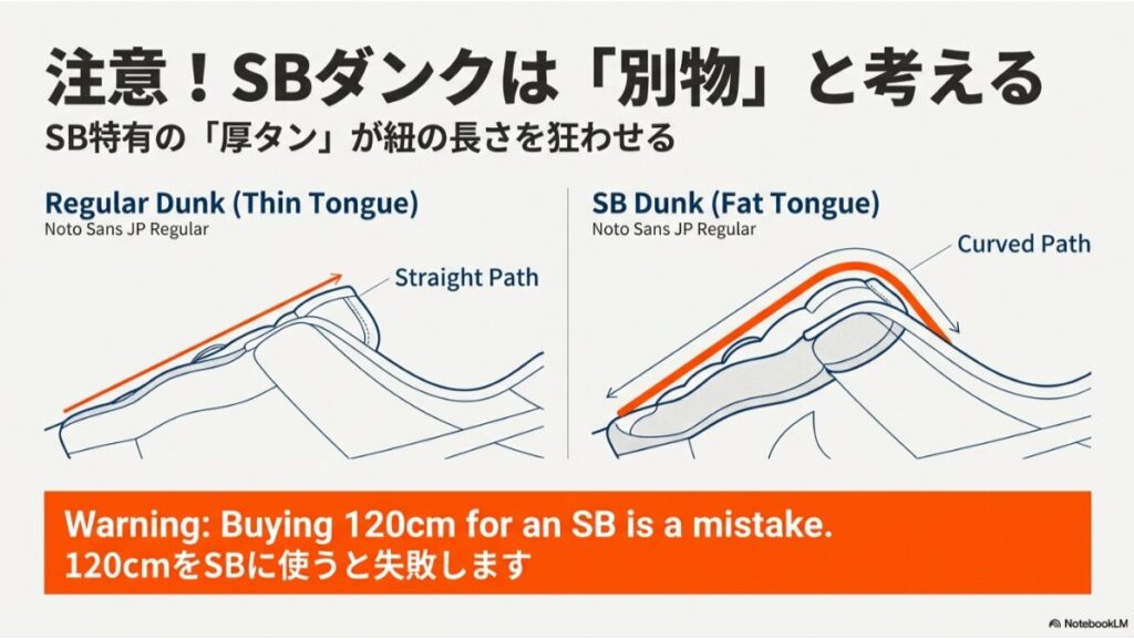 通常のダンクの直線的な紐の通り方と、SBダンクの厚いタンによって曲線を描く紐の通り方の違いを示した図解。
