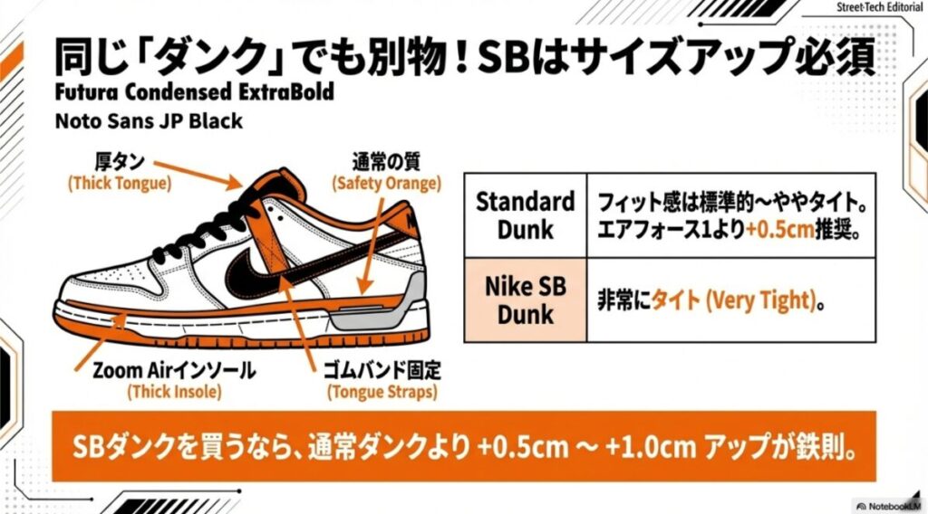 SBダンク特有の厚タン(厚いベロ)、Zoom Airインソール、ゴムバンド固定の構造図解。サイズアップが必須である理由。