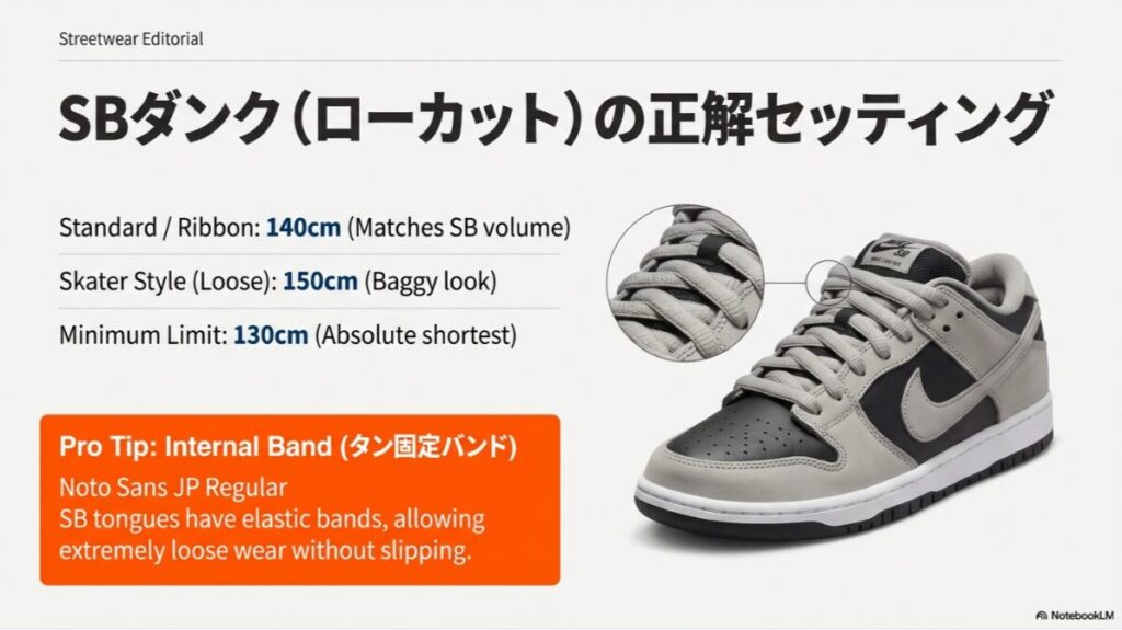 SBダンクに最適な紐の長さ（140cm、150cm）と、内部にあるタン固定用ゴムバンドの仕組みを解説した画像。