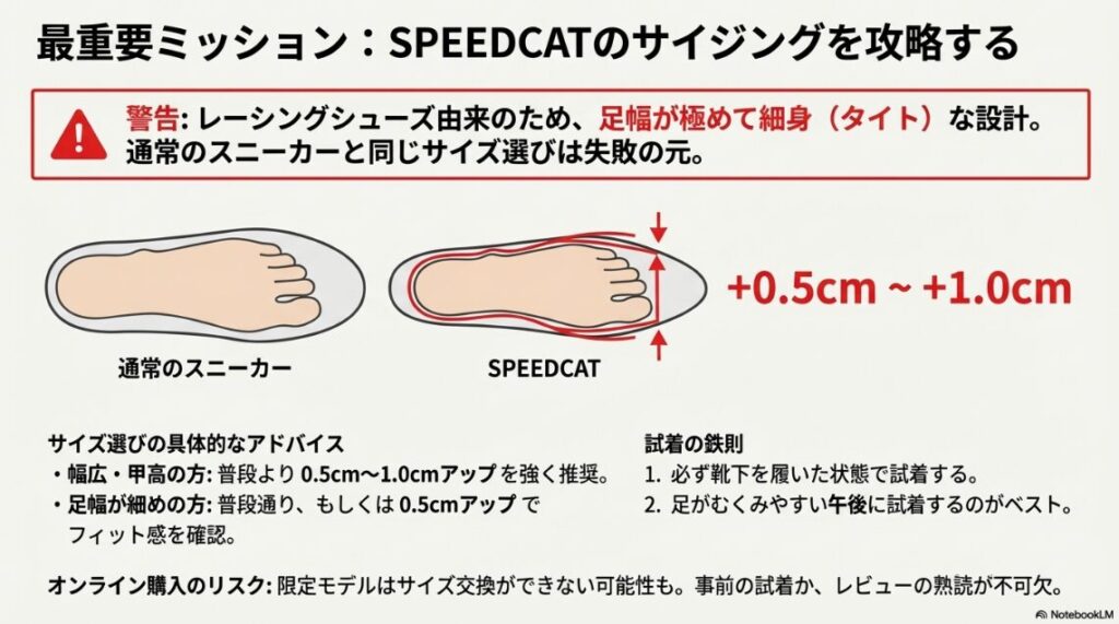 プーマ SPEEDCATのサイズ感と足幅の狭さ解説。0.5cmから1.0cmアップを推奨する図解