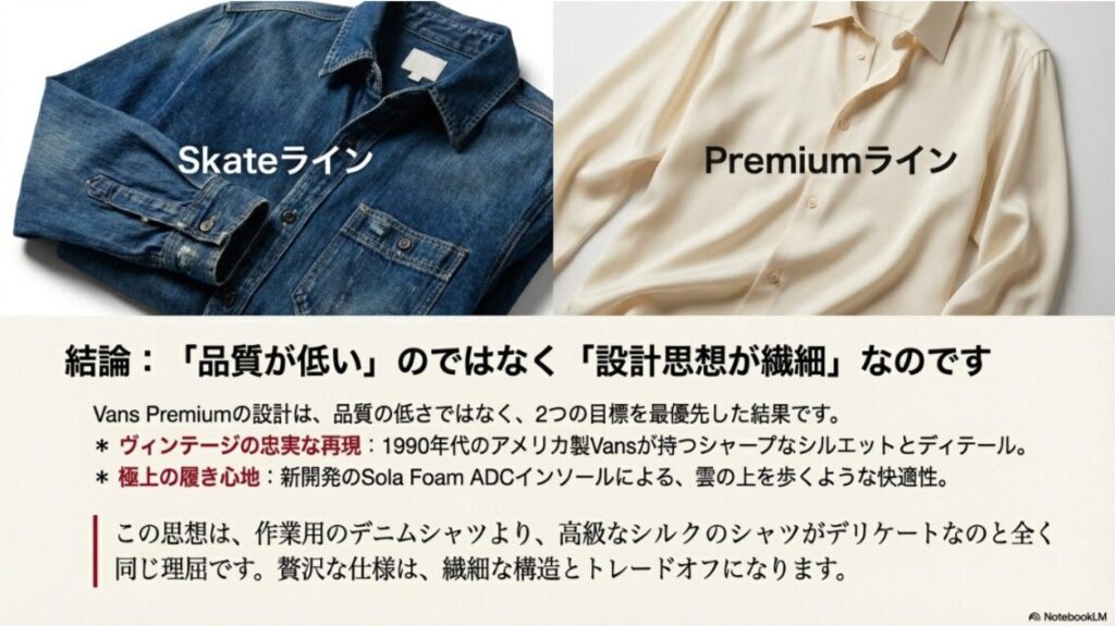 Vans Premiumはヴィンテージの再現と極上の履き心地を優先した結果、シルクのシャツのように繊細な構造になっていることを説明するスライド。