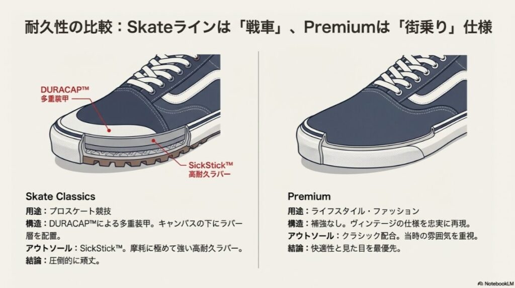 SkateラインのDURACAPやSickStickによる多重装甲構造と、Premiumラインのヴィンテージ仕様の構造を比較した断面イラスト。