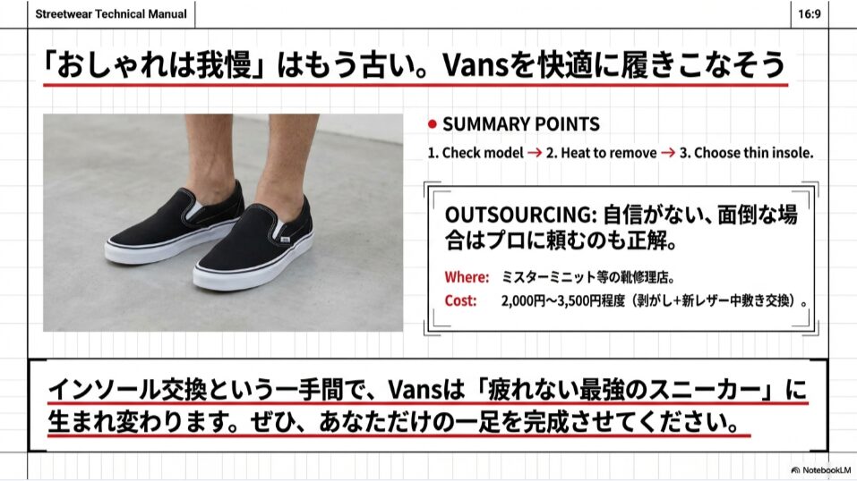 Vansスリッポンの着用写真と、モデル確認から熱剥離、薄型インソール選びまでの3ステップを要約したまとめスライド。