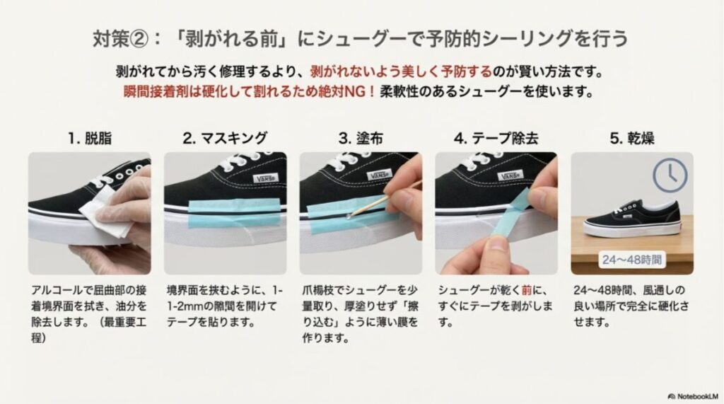 シューグーを使ってVansのサイドテープ剥がれを予防するための、脱脂、マスキング、塗布、テープ除去の手順を写真付きで解説したスライド。
