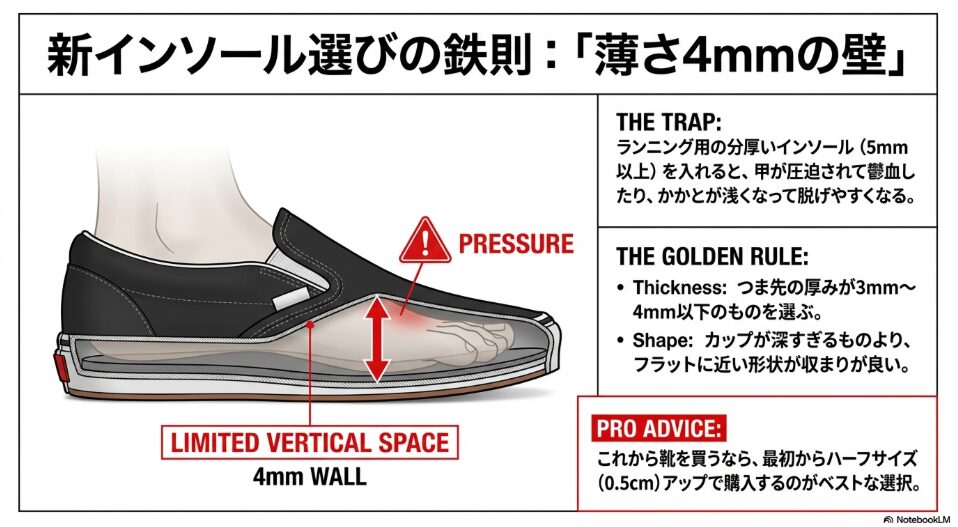 Vansの内部空間の狭さを示す図と、つま先の厚みが4mm以下のインソールを選ぶべき理由を解説した「4mm WALL」の概念図。
