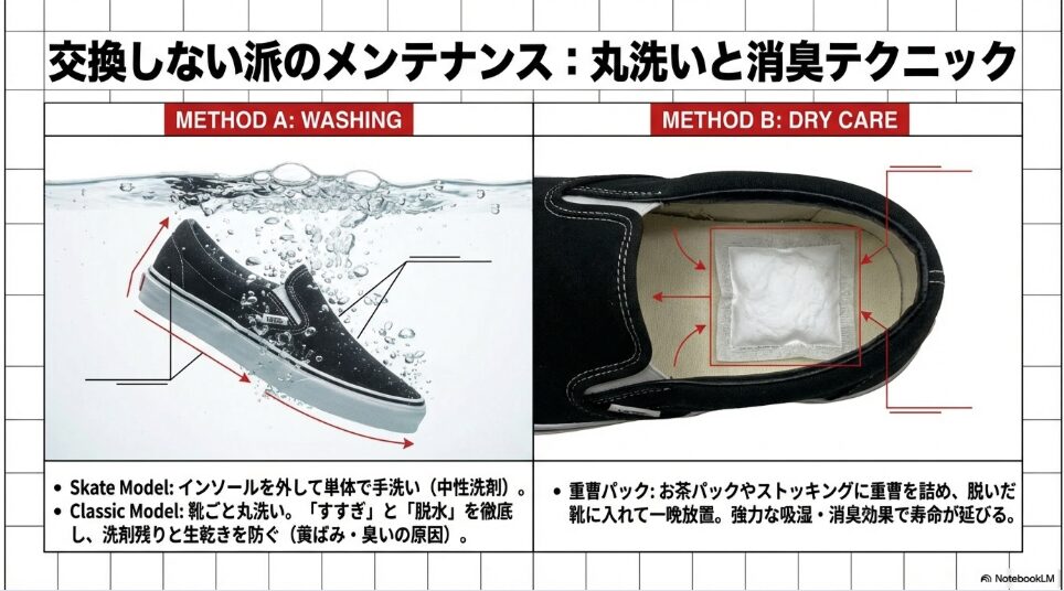 バケツでの丸洗い手順（Method A）と、重曹パックを使った洗わない消臭・吸湿ケア（Method B）のイラスト解説。