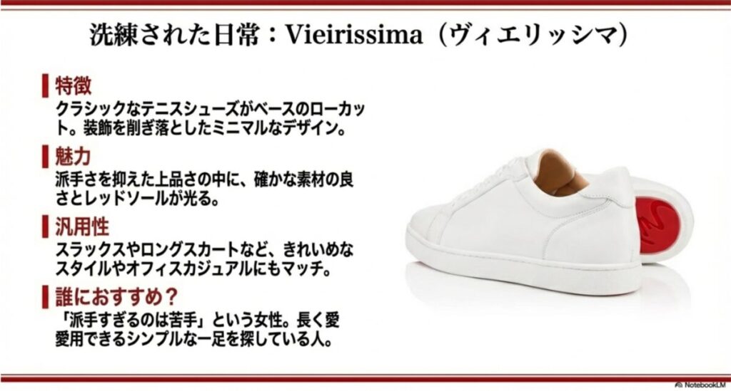 シンプルでミニマルなデザインが特徴のレディーススニーカー「Vieirissima」。オフィスカジュアルにも合う上品なローカットモデル。