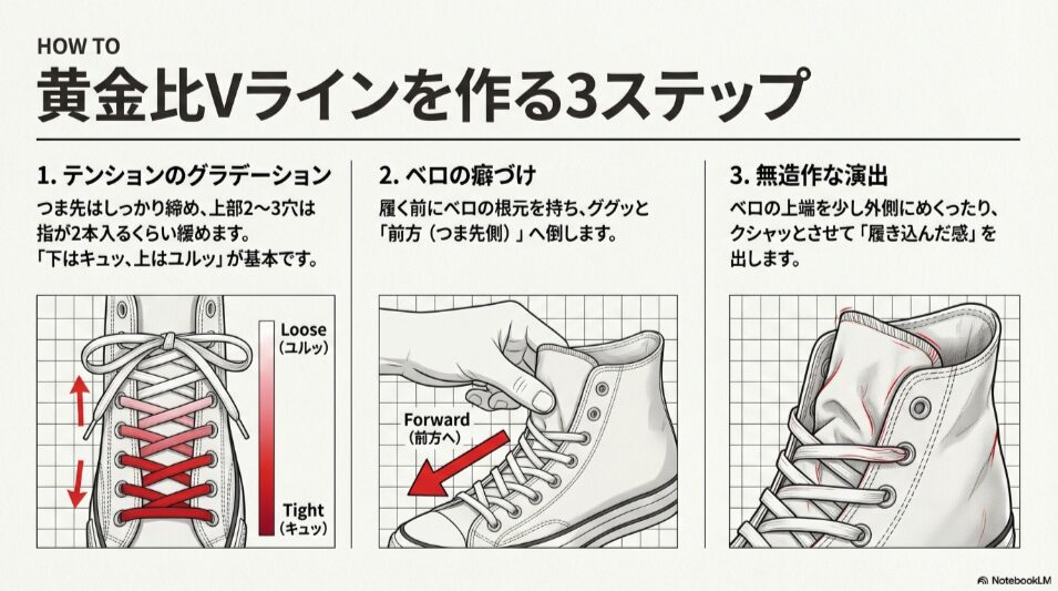 紐のテンションのグラデーション（下はキュッ、上はユルッ）、ベロを前方へ倒す癖づけ、無造作な演出の3段階を図示したマニュアル。