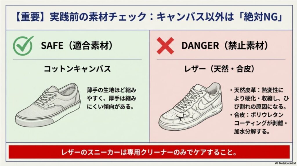 キャンバス素材は適合、レザーや合皮は禁止であることを示す素材別判定ガイド