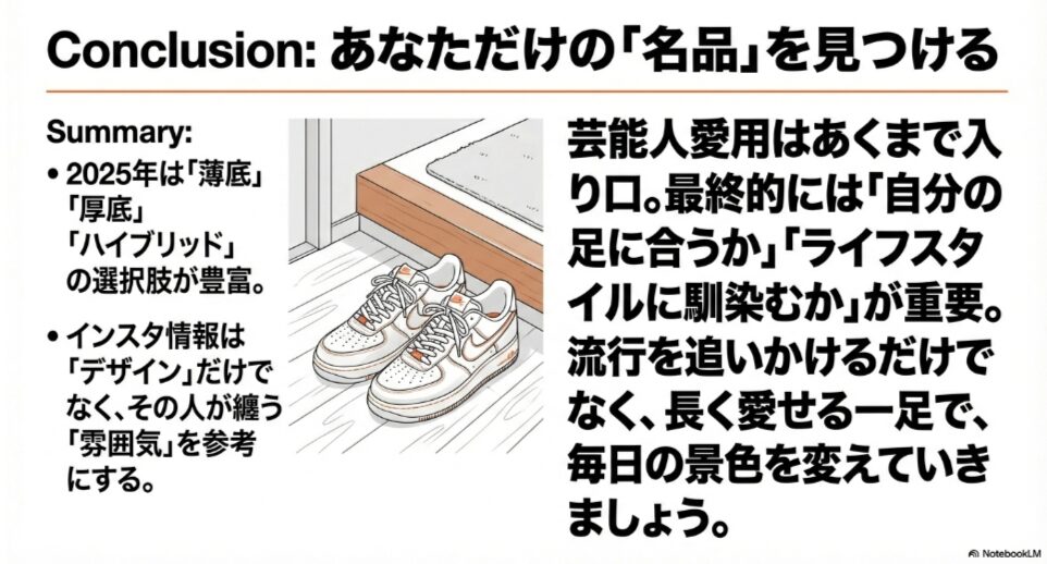 玄関に置かれた愛用スニーカーのイラスト。「流行を追いかけるだけでなく、長く愛せる一足を」というメッセージが込められたイメージ画像。