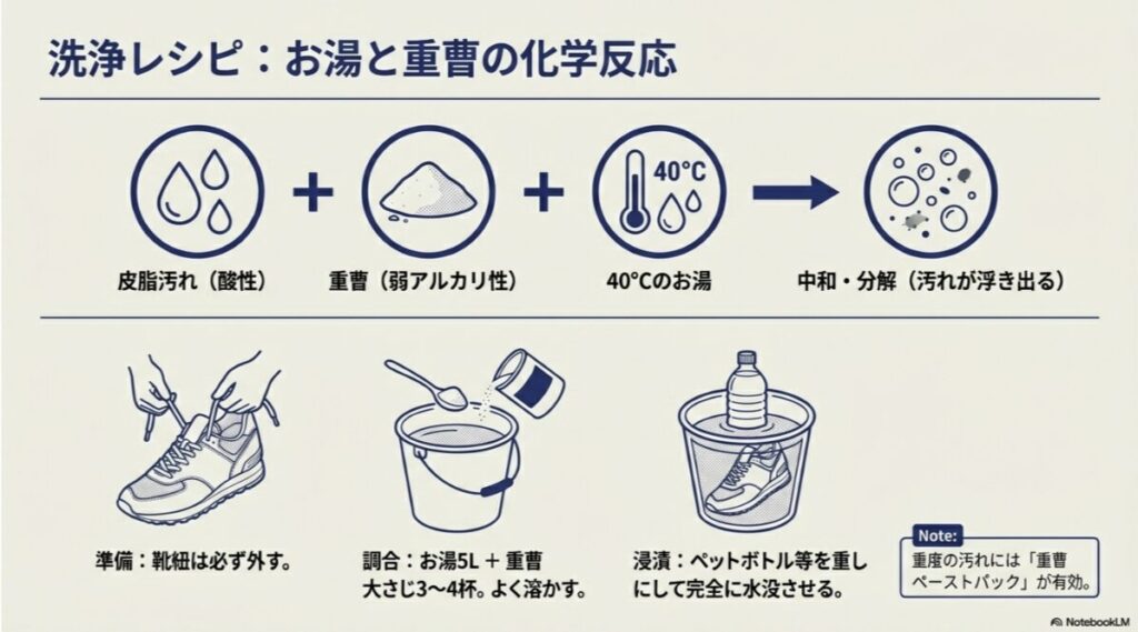お湯、重曹、温度を組み合わせることで皮脂汚れを中和・分解する洗浄手順の図解