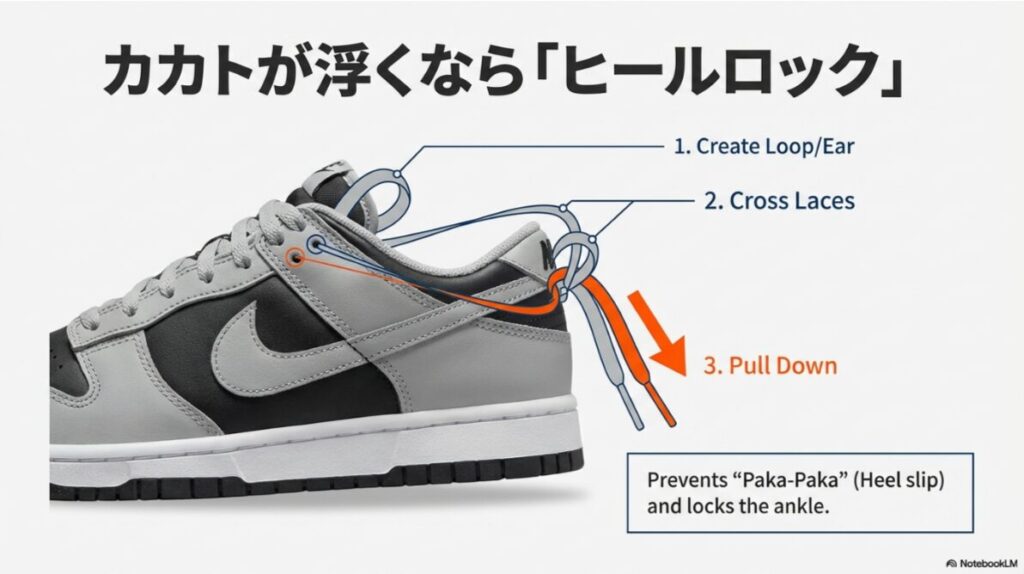 ダブルアイレットを使用して足首を固定し、かかとのパカパカを防ぐヒールロック（2段ハトメ結び）の手順を示した図。