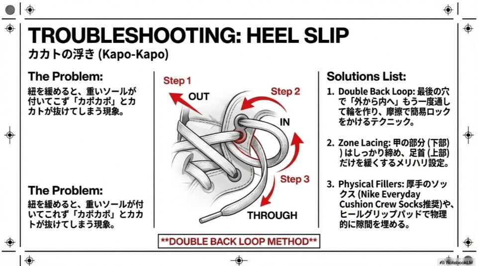 最後の穴で紐を折り返して摩擦を作る「ダブルバック・ループ」の手順解説図